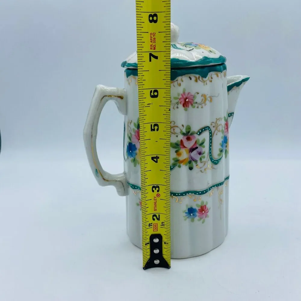 Vintage Porcelain Hot Chocolate Pot Pitcher With Lid Hand Painted Floral Green